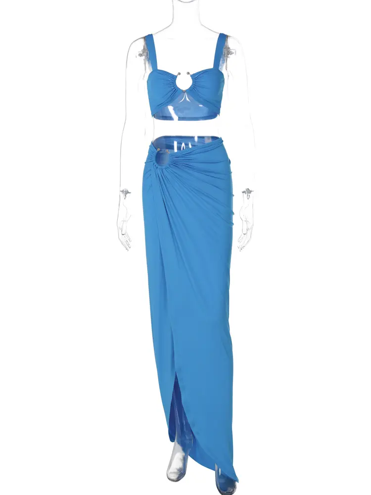 Hugcitar Straps Square Collar Draped Loops Crop Tank Top Sexy Slit Maxi Skirt 2 Piece Sets Spring New Festival Vacation Outfit