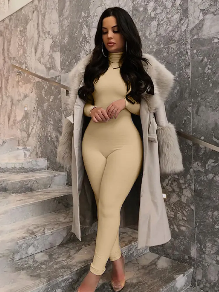 Hugcitar 2024 Fall Long Sleeve Solid Turtleneck Sexy Skinny Bodycon Jumpsuit Women Fashion Streetwear Casual Romper Overalls