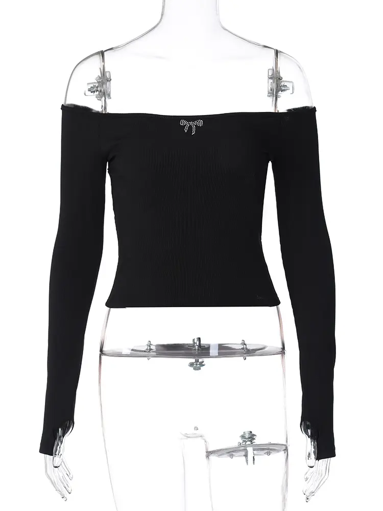 Hugcitar 2024 Solid Slash Neck Long Sleeve Sequined Bowknot Backless Sexy Crop Top T Shirt Spring Women Kawaii Party Outfit