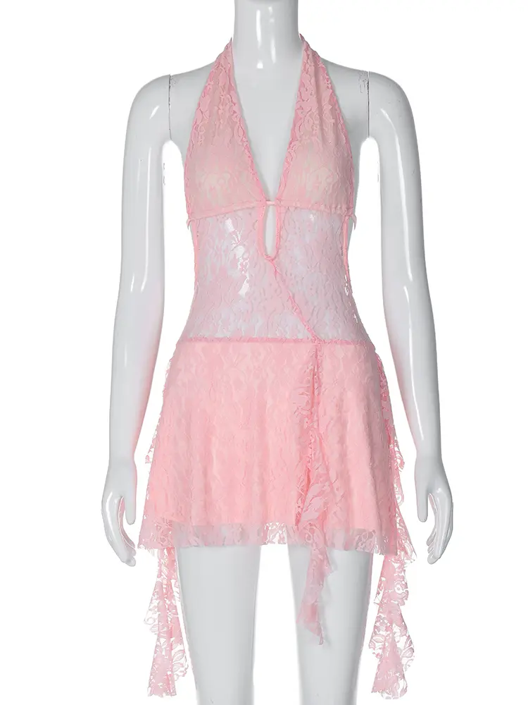 Hugcitar Mesh Halter Floral Print Backless Lace Up Tassel Pleated Sexy See Through Mini Dress Summer New Outfit Beach Festival