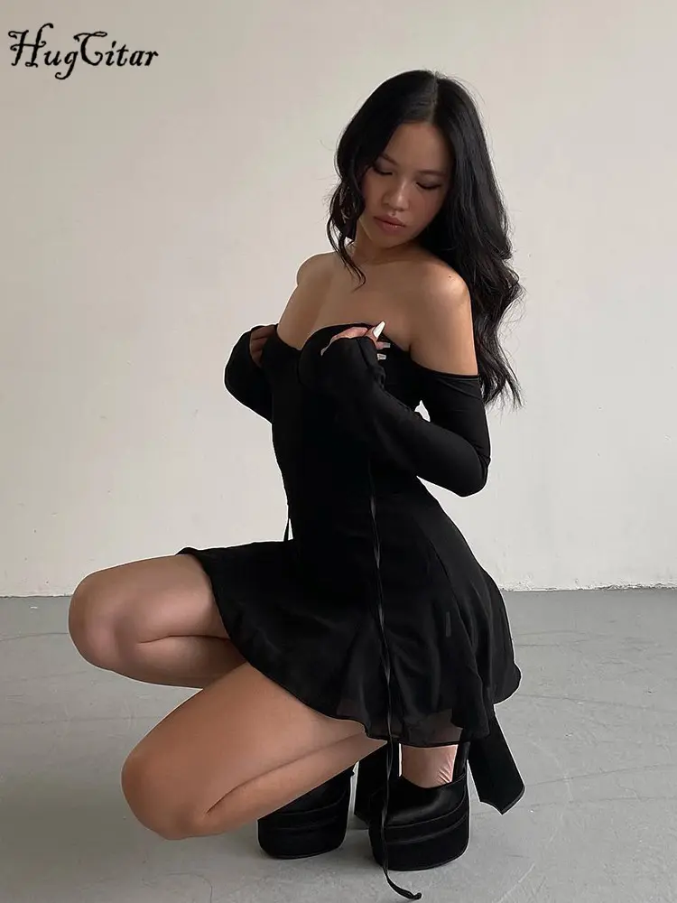 Hugcitar Black Halter Backless Bandage Mesh Sleeve Sexy Pleated Mini Dress Summer Women Fashion Outfits Evening Party Festival