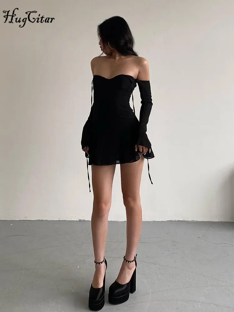Hugcitar Black Halter Backless Bandage Mesh Sleeve Sexy Pleated Mini Dress Summer Women Fashion Outfits Evening Party Festival