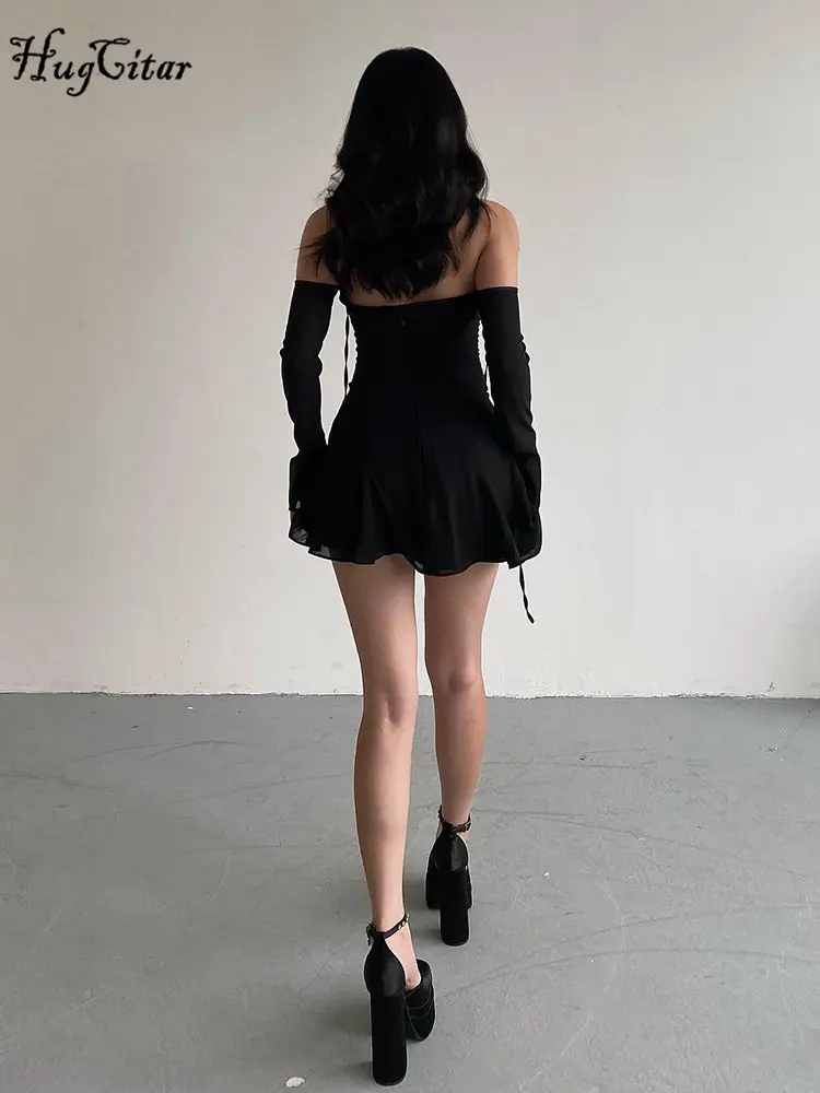 Hugcitar Black Halter Backless Bandage Mesh Sleeve Sexy Pleated Mini Dress Summer Women Fashion Outfits Evening Party Festival