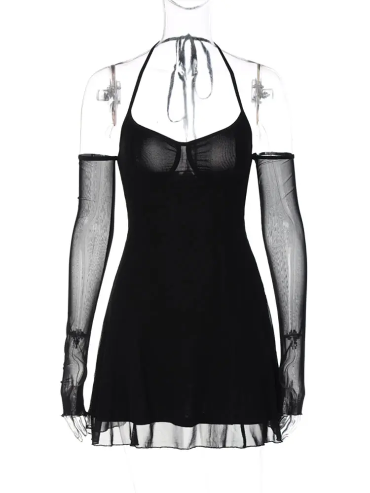 Hugcitar Black Halter Backless Bandage Mesh Sleeve Sexy Pleated Mini Dress Summer Women Fashion Outfits Evening Party Festival