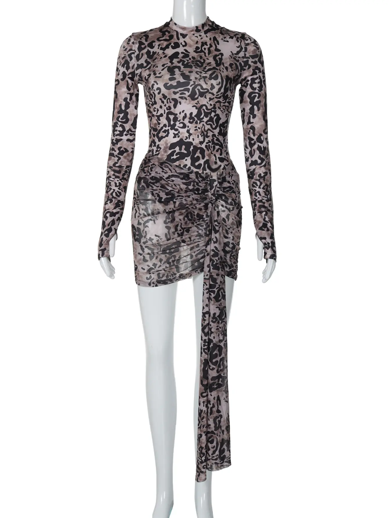 Hugcitar Leopard Print 2 Pcs Sets Long Sleeve Sexy Bodycon Bodysuit Bandage Dreped Mesh Skirt Fashion Women Outfits Party Club