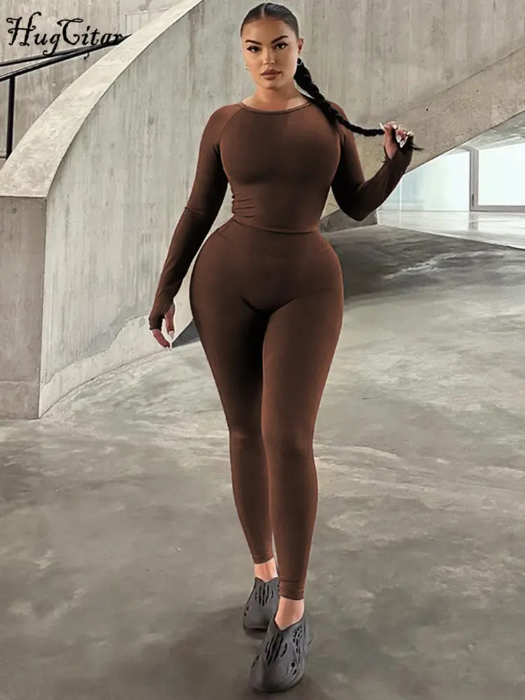 Hugcitar Pure Color Long Sleeve Crop T-Shirt Legging 2 Piece Matching Sets 2024 Spring Women Fashion Streetwear Sports Tracksuit