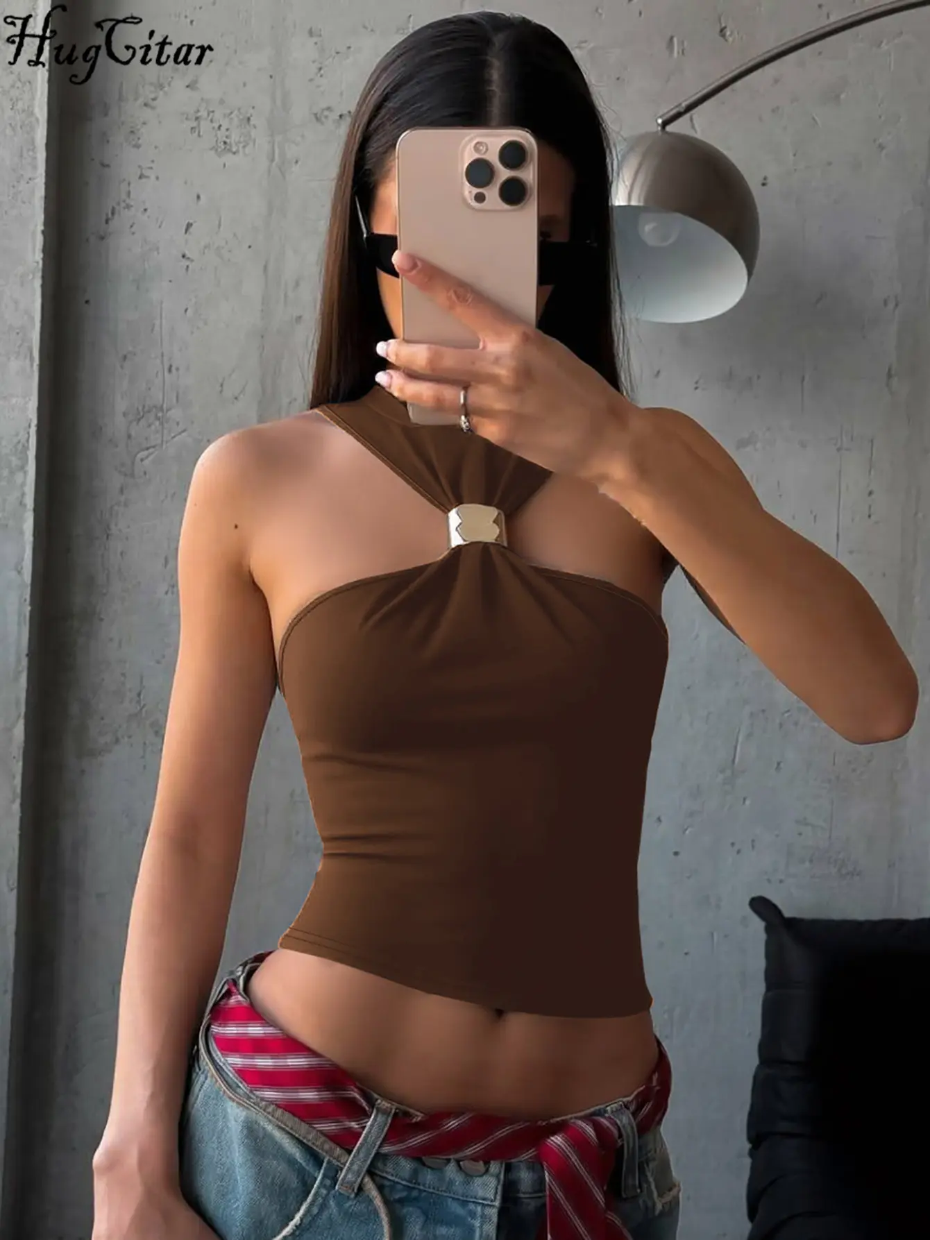 Hugcitar Fashion Halter Hollow Out Metal Loop Backless Buttons Sexy Solid Crop Tank Top For Summer Fashion Vacation Party Outfit