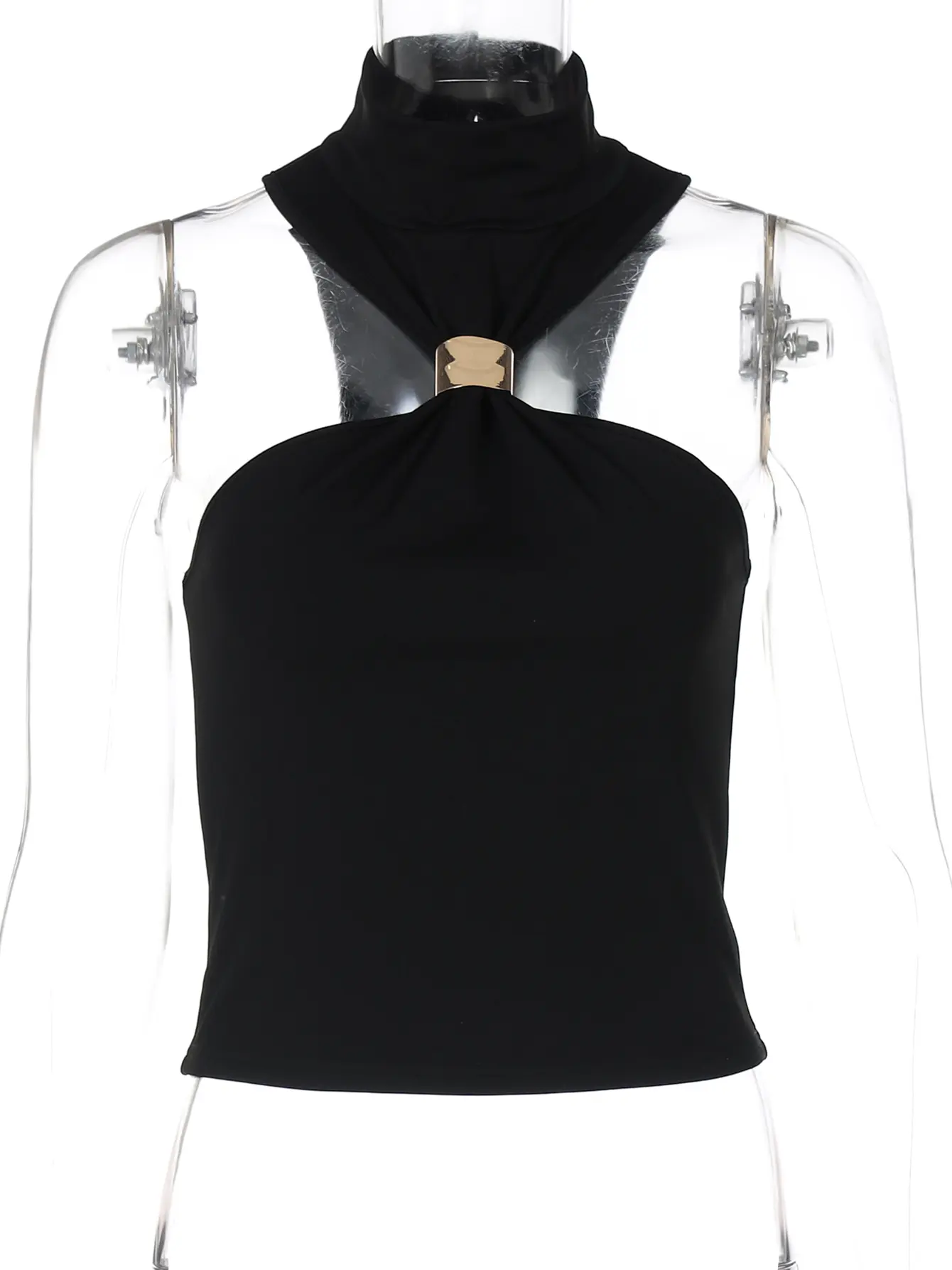 Hugcitar Fashion Halter Hollow Out Metal Loop Backless Buttons Sexy Solid Crop Tank Top For Summer Fashion Vacation Party Outfit