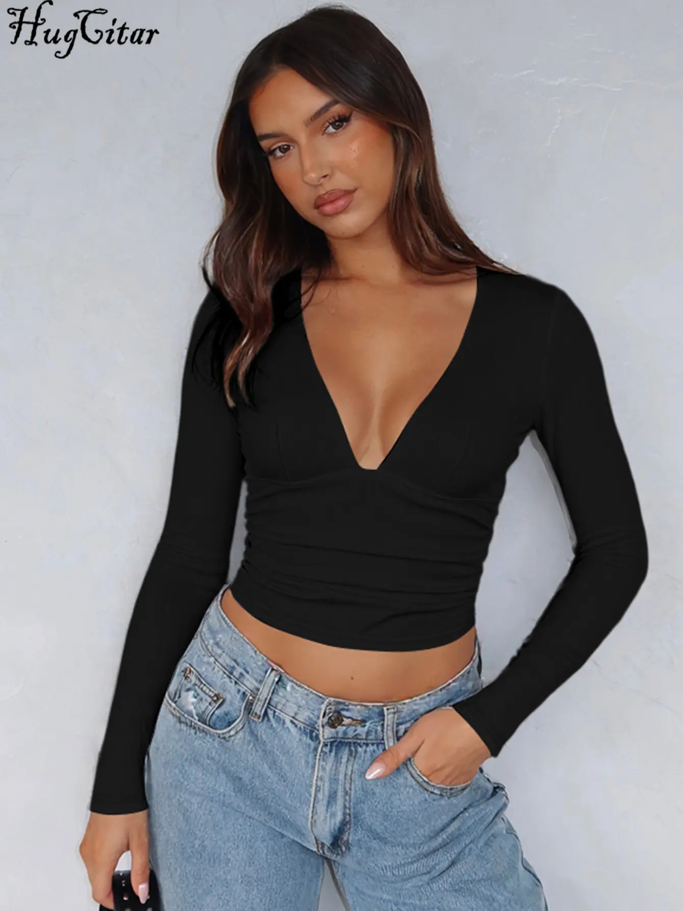 Hugcitar Fashion V Neck Solid Long Sleeve Ruched Sexy Slim Crop T-Shirt Autumn Winter Women Y2K Clothes Streetwear Party Club