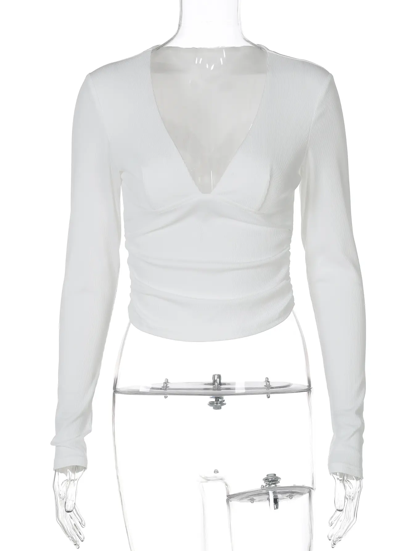 Hugcitar Fashion V Neck Solid Long Sleeve Ruched Sexy Slim Crop T-Shirt Autumn Winter Women Y2K Clothes Streetwear Party Club
