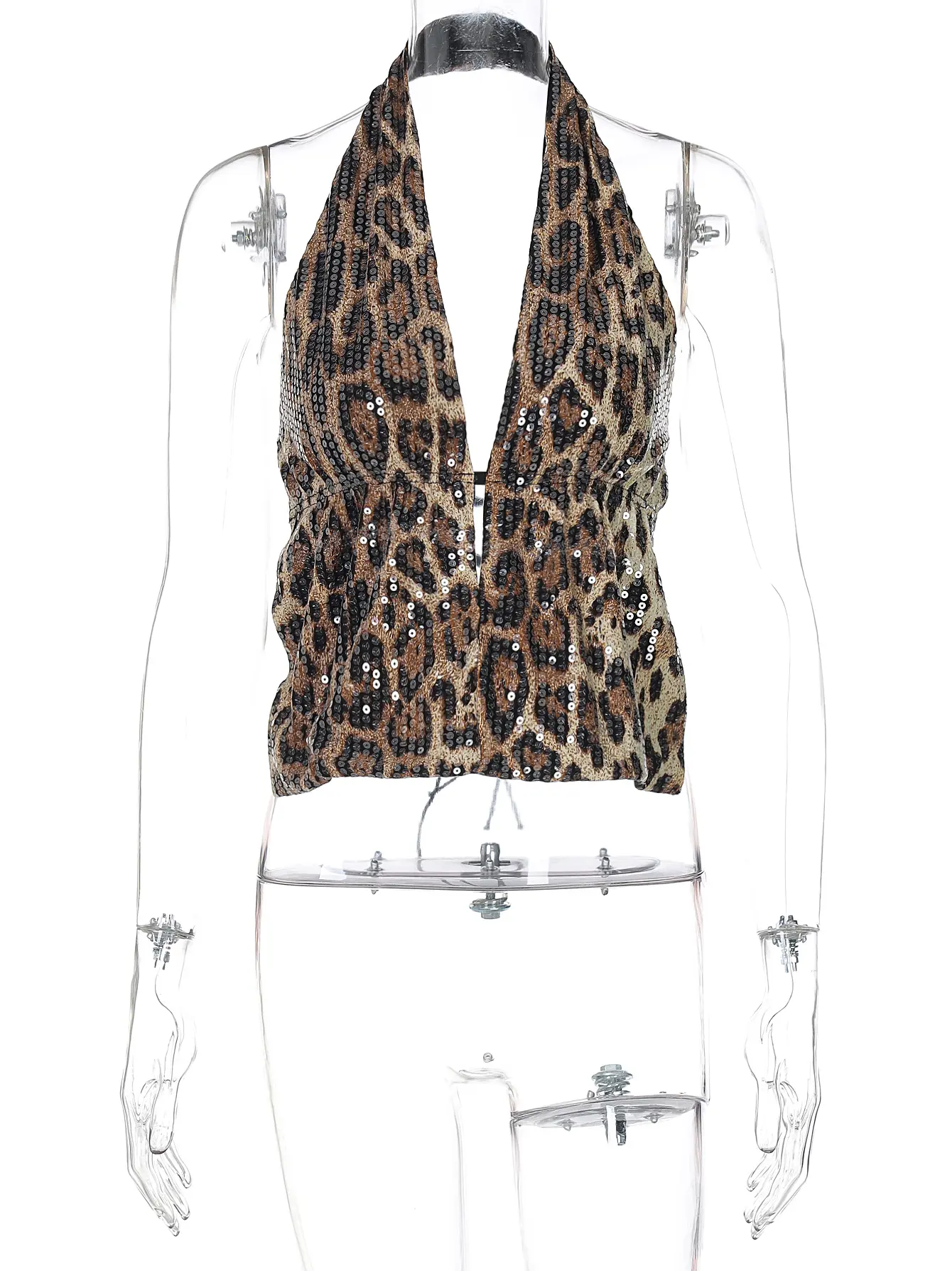 Hugcitar Fashion Sequined Leopard Halter V Neck Backless Sexy Bandage Crop Tank Top Summer Women Vacation Party Clothes Club