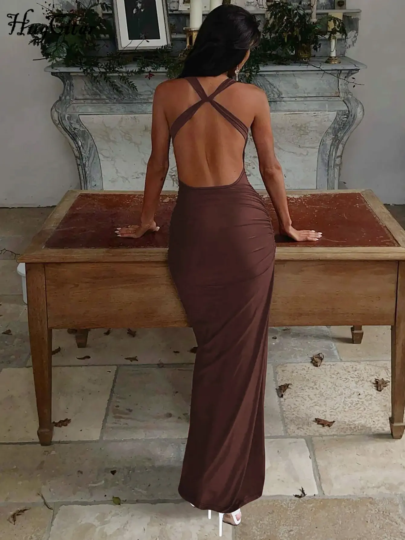 Hugcitar Women'S Elegant Straps Ruched Backless Sexy Bodycon Solid Maxi Dress Summer Fashion Clothes Evening Party Night Club