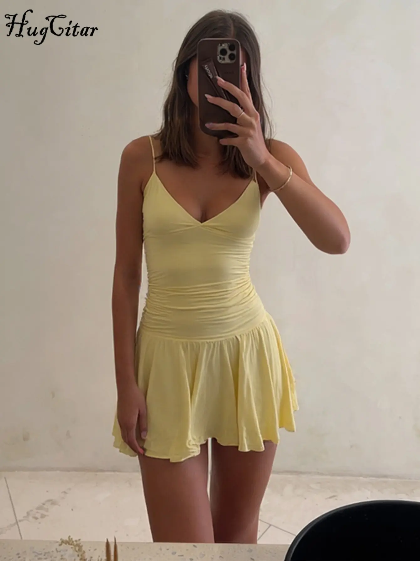 Hugcitar Women Fashion V Neck Slips Backless Solid Ruched Pleated Sexy Slim Mini Dress Summer Cute Clothes Party Festival