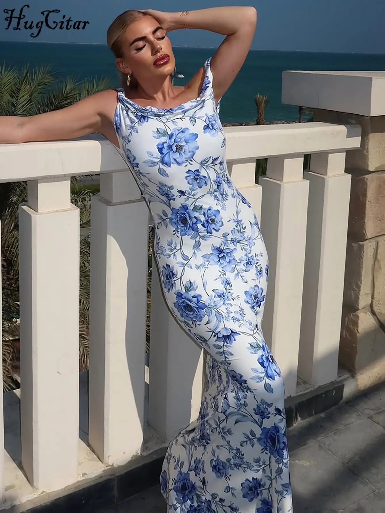 Hugcitar Women'S Fashion Skew Collar Floral Print Backless Strap Sexy Bodycon Maxi Dress Summer Clothes Vacation Party Club