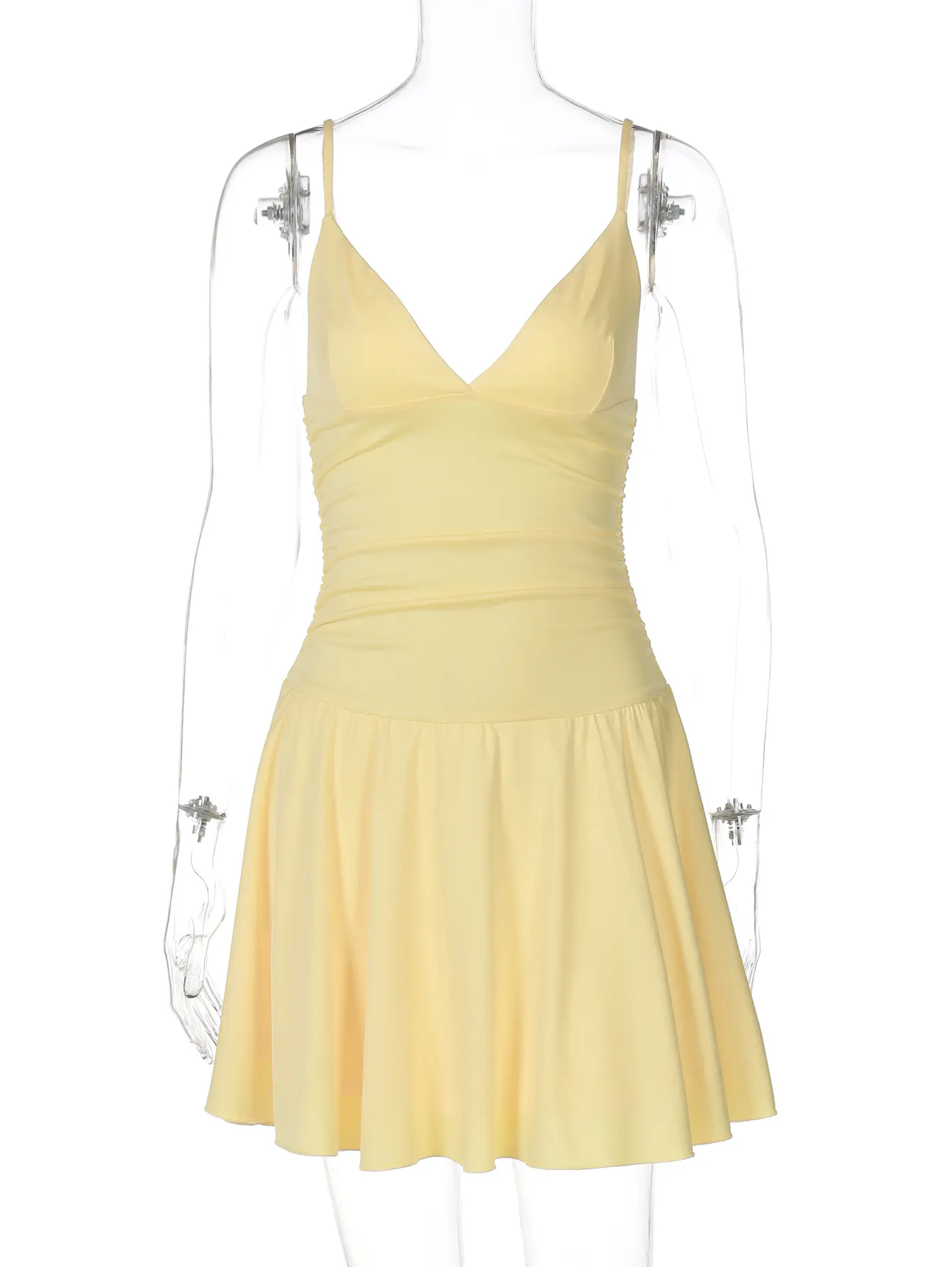 Hugcitar Women Fashion V Neck Slips Backless Solid Ruched Pleated Sexy Slim Mini Dress Summer Cute Clothes Party Festival