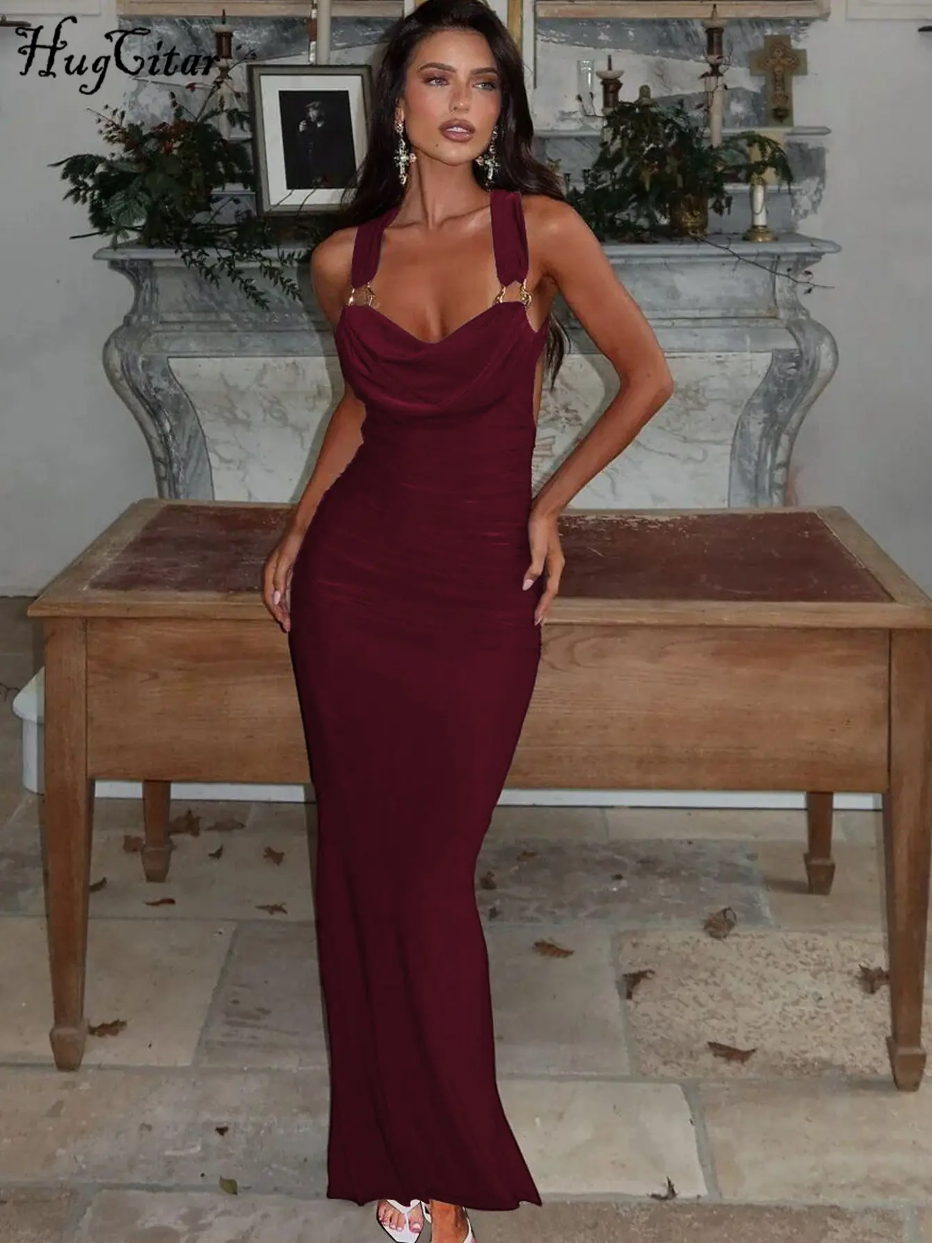 Hugcitar Women'S Elegant Straps Ruched Backless Sexy Bodycon Solid Maxi Dress Summer Fashion Clothes Evening Party Night Club