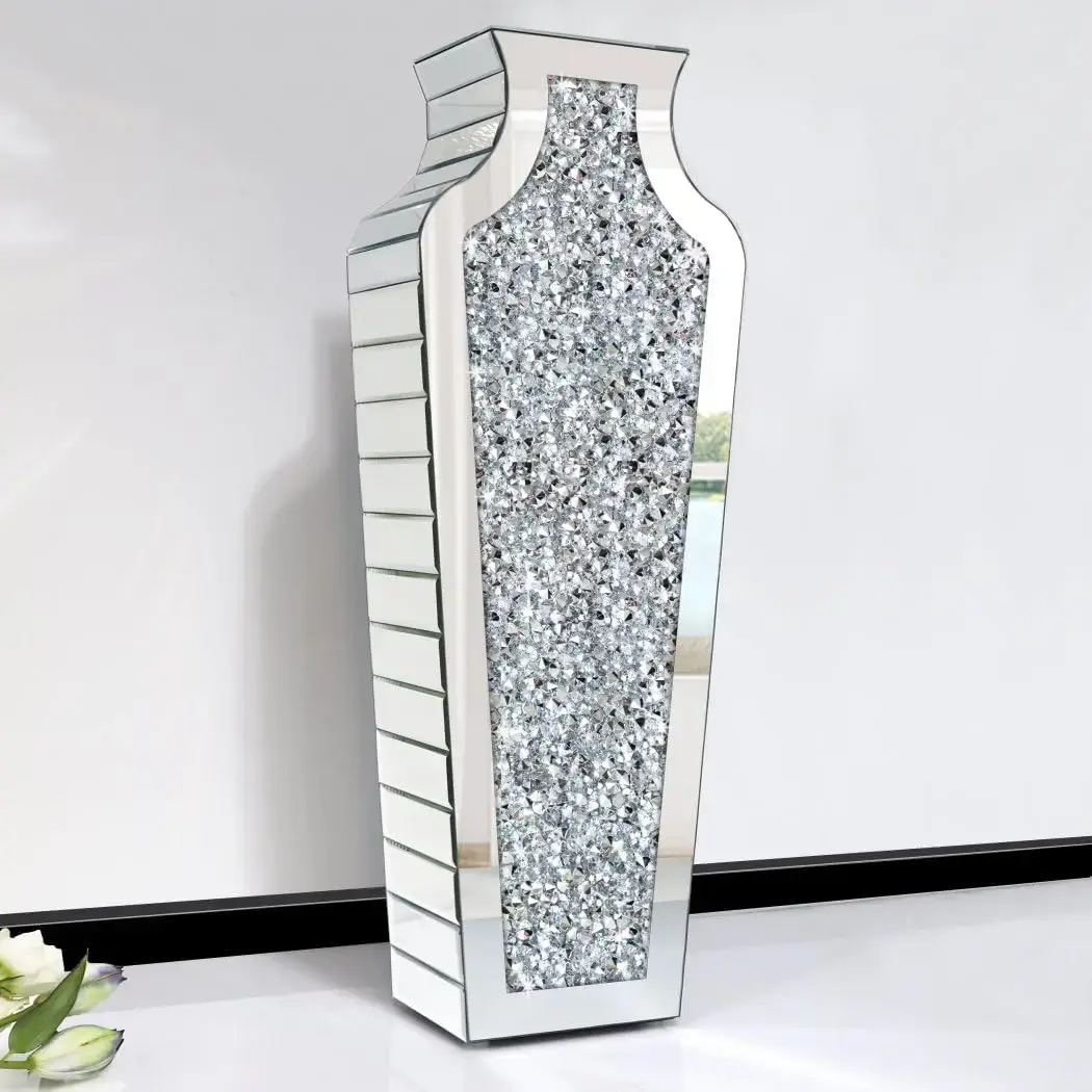 Floor Crushed Diamond Mirrored Vase 27" Tall, Crystal Silver Glass Decorative Mirror Large Size Luxury for Home Decor.
