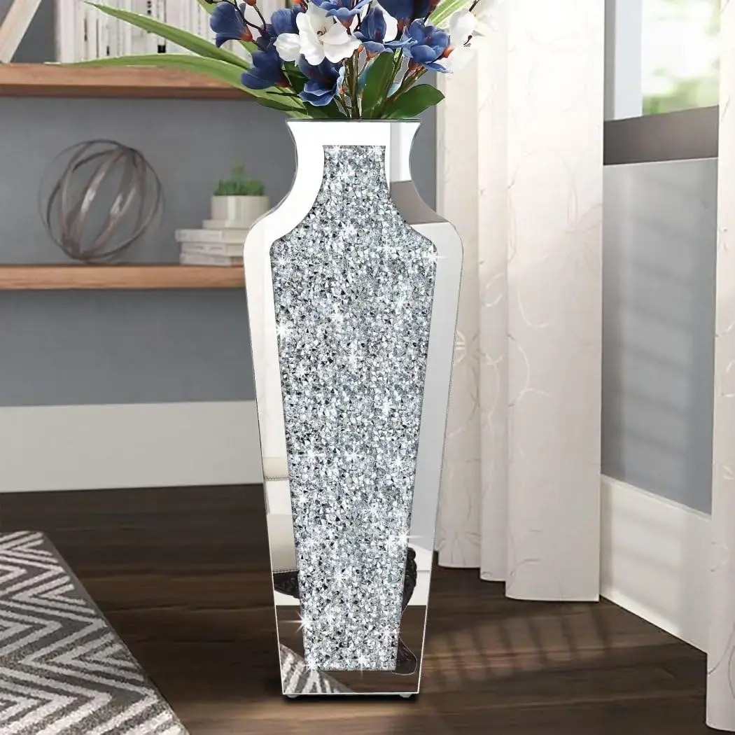 Floor Crushed Diamond Mirrored Vase 27" Tall, Crystal Silver Glass Decorative Mirror Large Size Luxury for Home Decor.