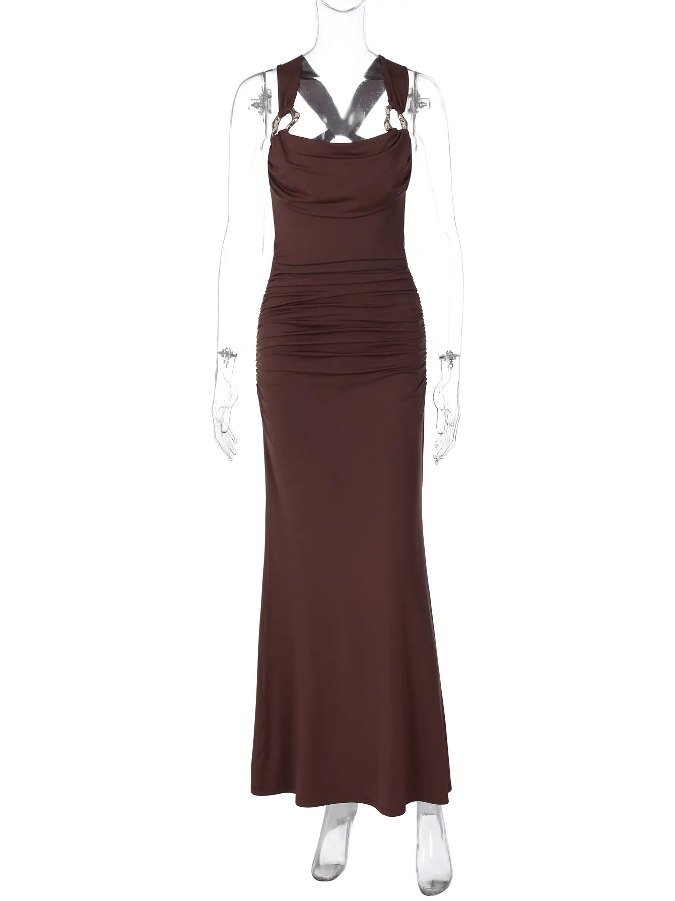 Hugcitar Women'S Elegant Straps Ruched Backless Sexy Bodycon Solid Maxi Dress Summer Fashion Clothes Evening Party Night Club