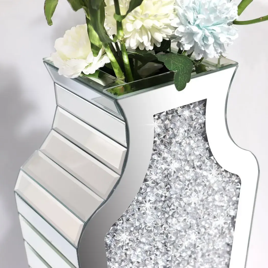 Floor Crushed Diamond Mirrored Vase 27" Tall, Crystal Silver Glass Decorative Mirror Large Size Luxury for Home Decor.