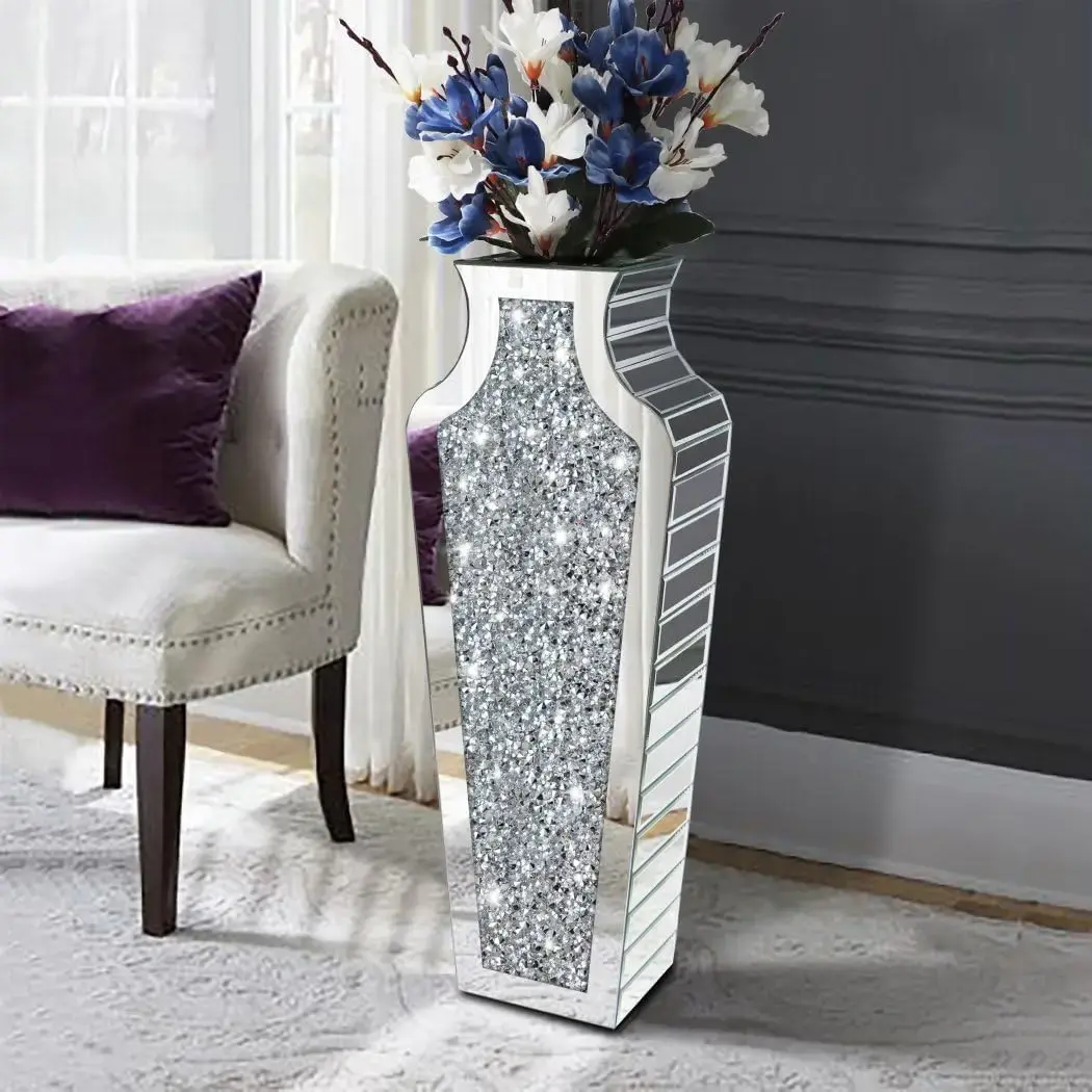 Floor Crushed Diamond Mirrored Vase 27" Tall, Crystal Silver Glass Decorative Mirror Large Size Luxury for Home Decor.