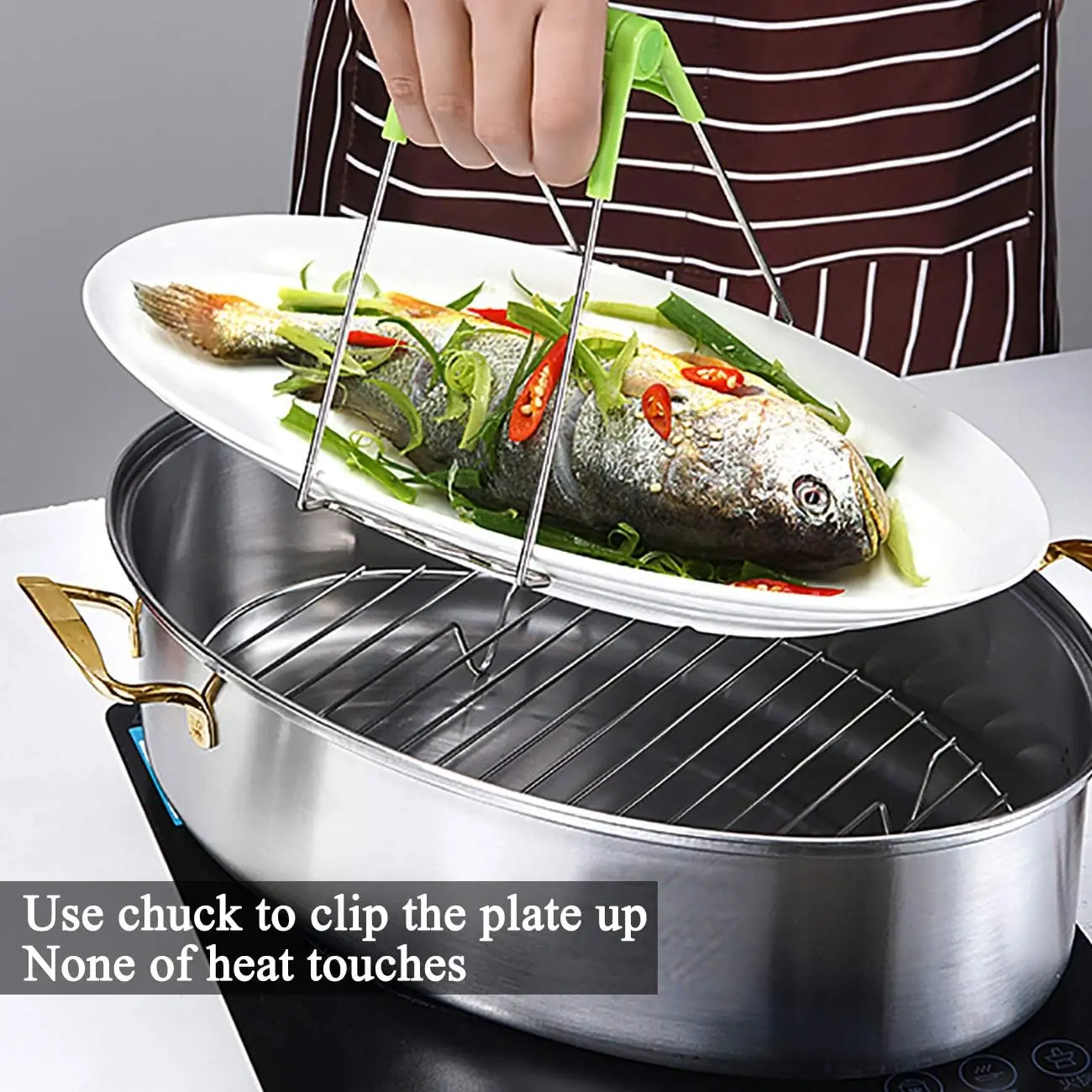 8Qt Stainless Steel Fish Steamer - Multi-Use Oval Cookware with Rack, Ceramic Pan, Chuck - Stockpot for Steaming Fish