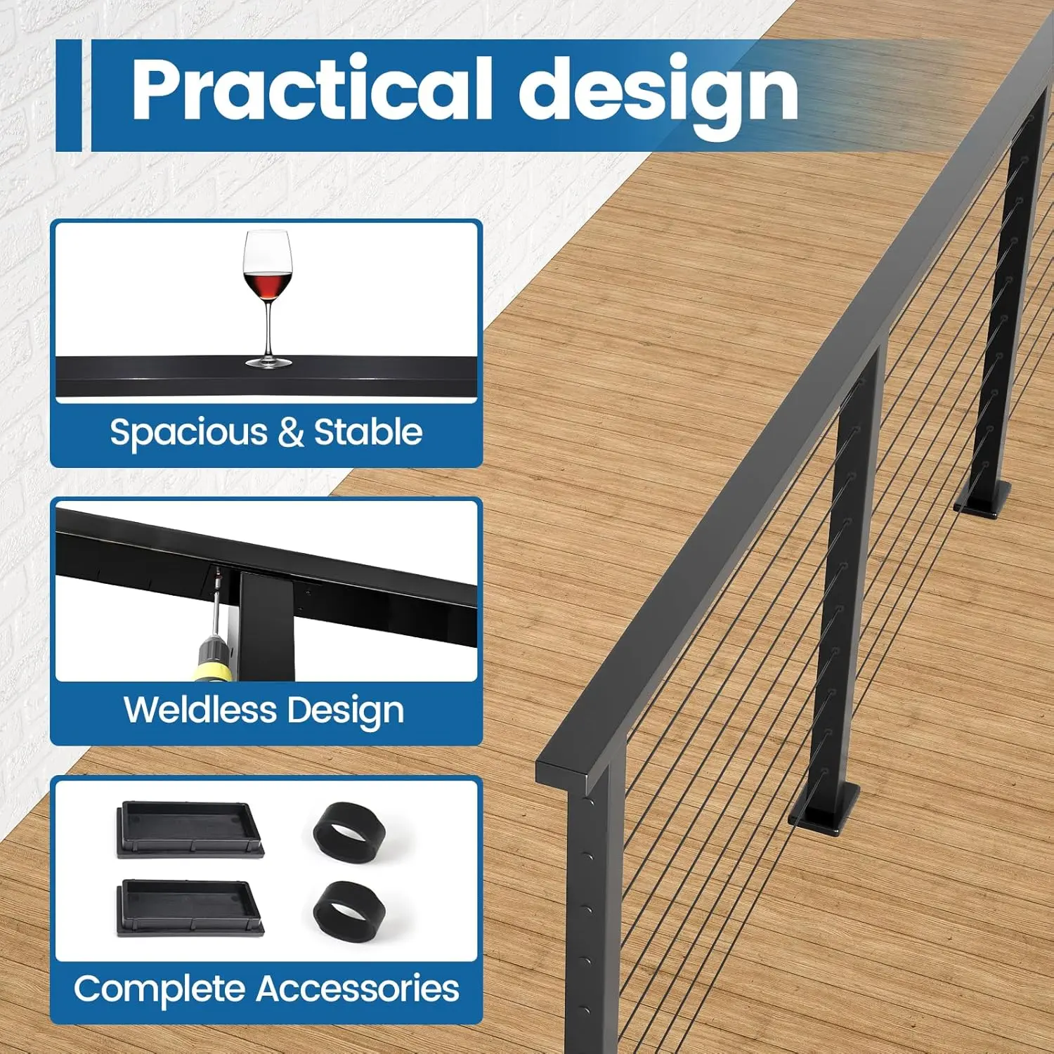 6'6" Stainless Steel Handrail Black Rectangular Top Rail Cable Railing System Handrail Deck Stair Indoor Outdoor with End Cap