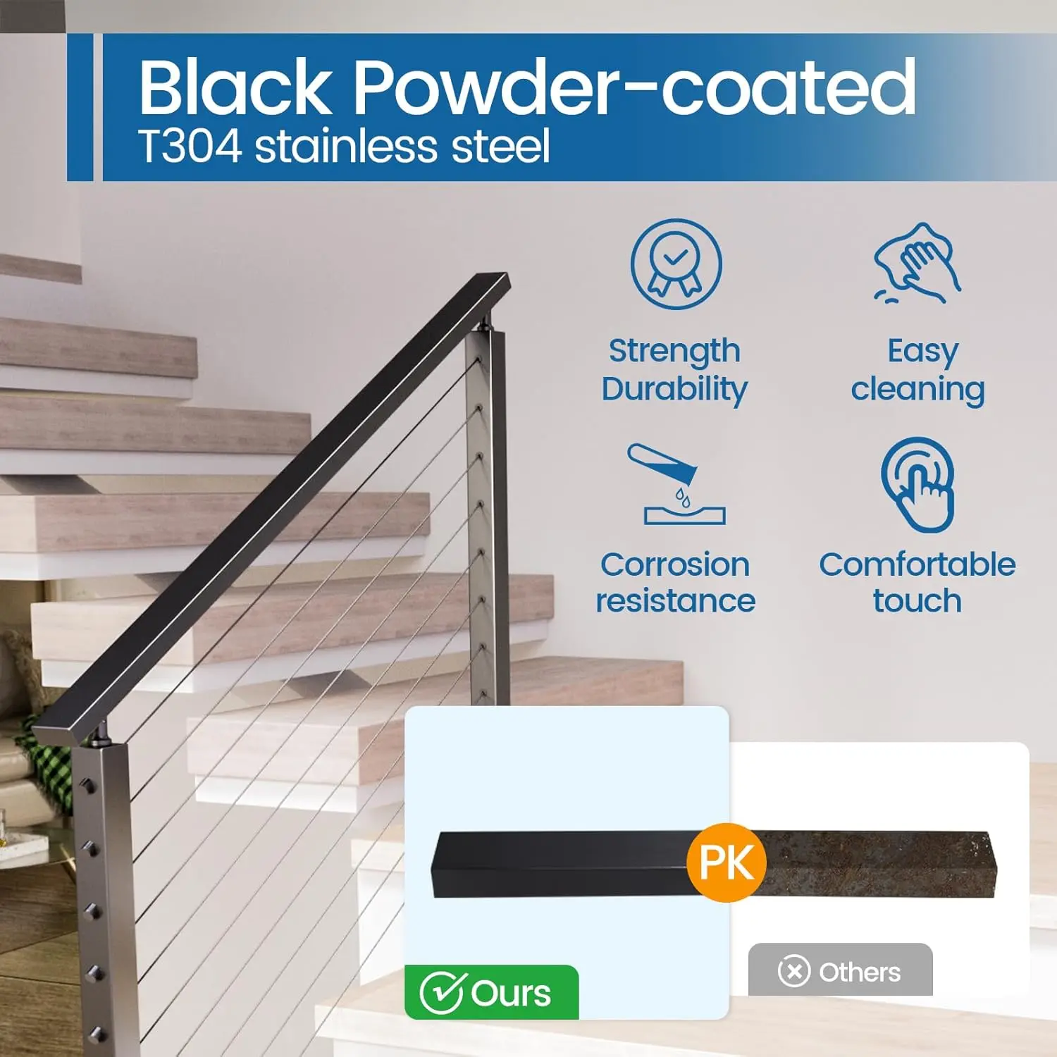 6'6" Stainless Steel Handrail Black Rectangular Top Rail Cable Railing System Handrail Deck Stair Indoor Outdoor with End Cap