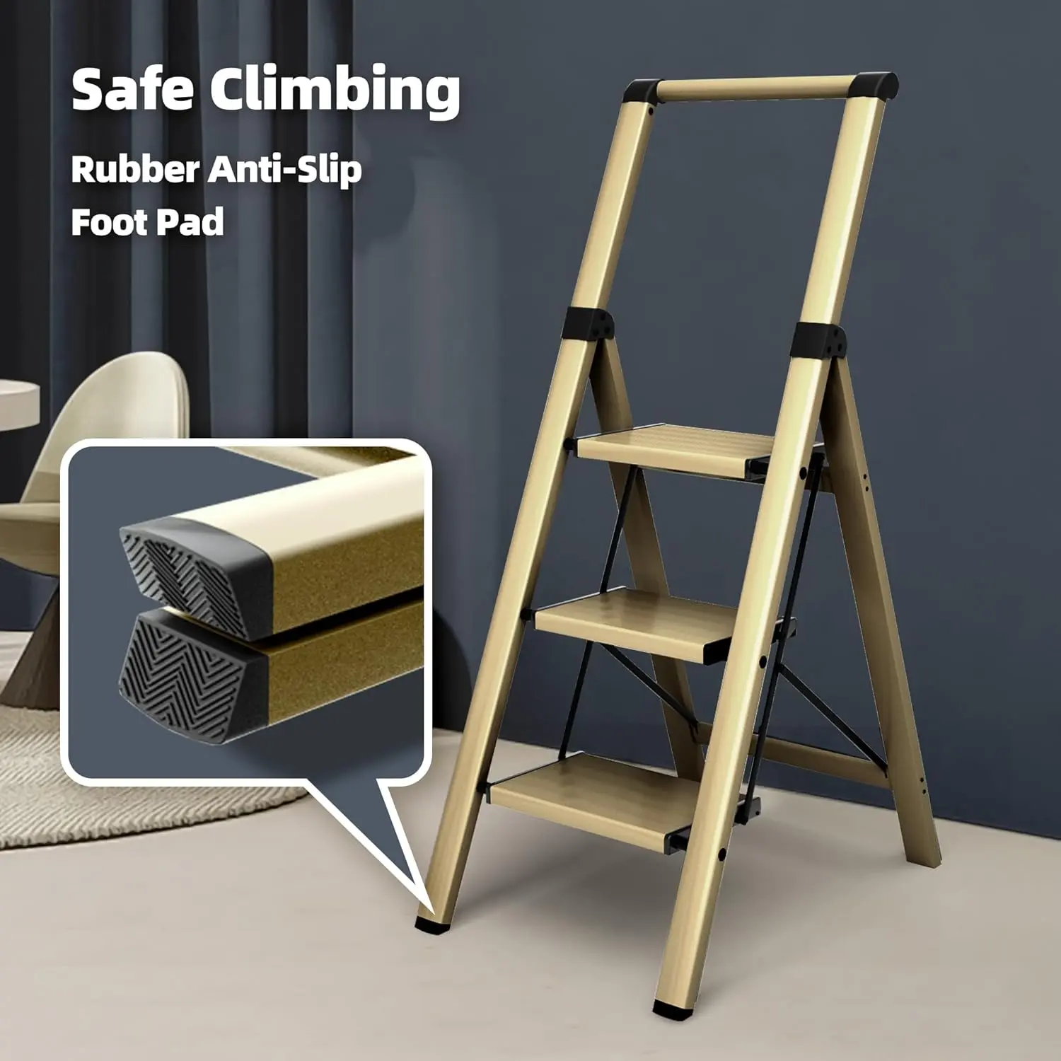 3 Step Foldable Aluminum Step Ladder with Handgrip, Anti-Slip Pedal, 330 lbs Capacity, Lightweight & Portable for Home