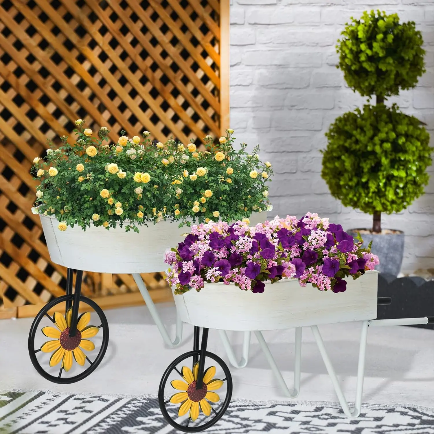 Metal Wheelbarrow Flower Cart Planter, 2 Packs Plant Stands with Triangular Support Handles Non-Rolling Wheel Vintage Wagon