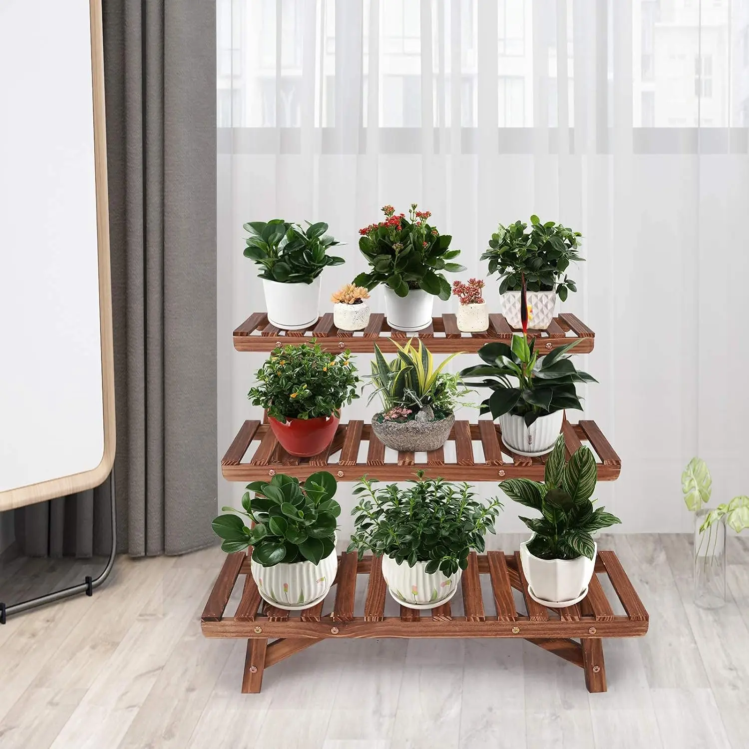 Freestanding 3 Tier Ladder Shelf Wood Plant Stand Indoor Outdoor Plant Display Rack Flower Pot Holder Planter Organizer