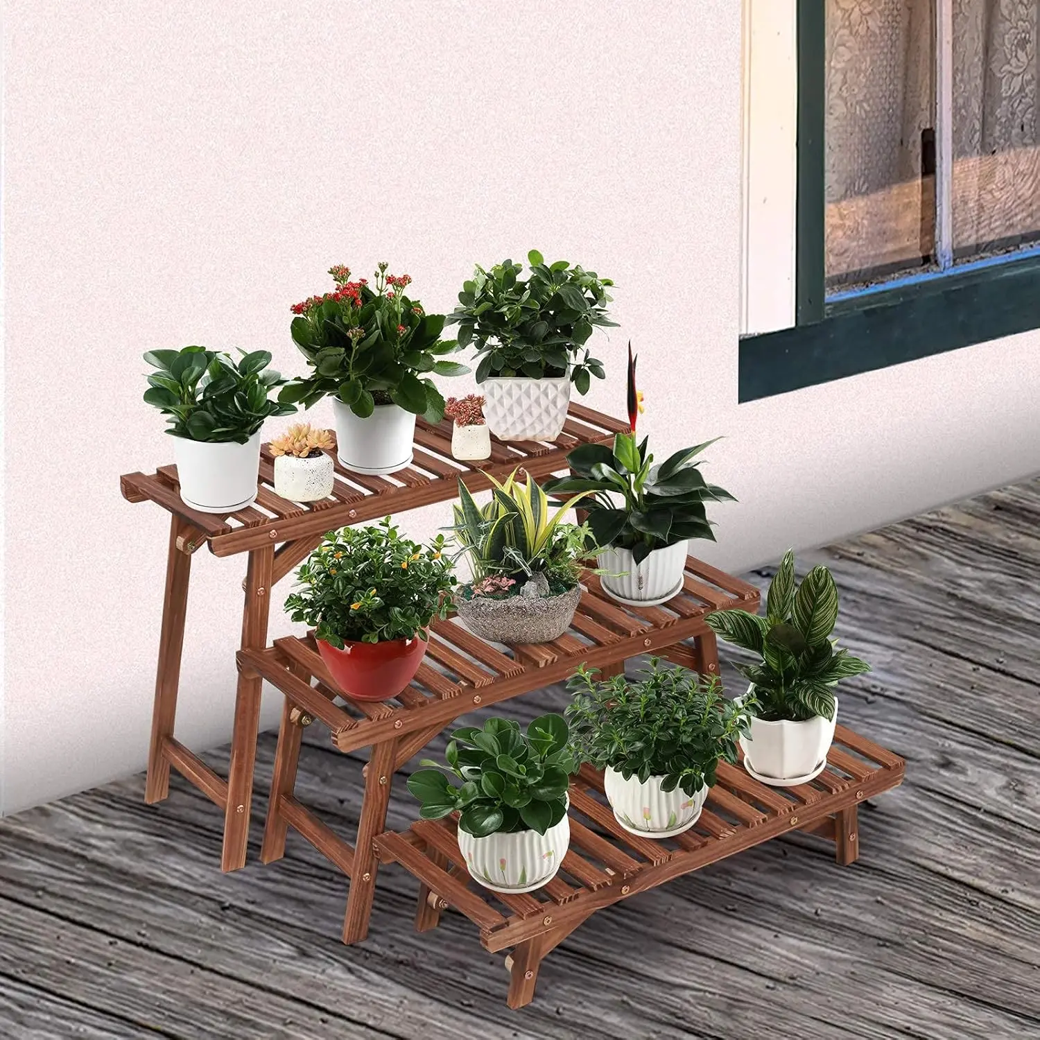 Freestanding 3 Tier Ladder Shelf Wood Plant Stand Indoor Outdoor Plant Display Rack Flower Pot Holder Planter Organizer