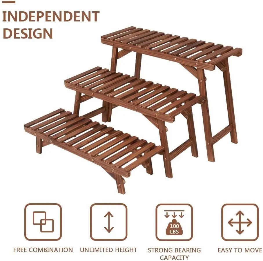 Freestanding 3 Tier Ladder Shelf Wood Plant Stand Indoor Outdoor Plant Display Rack Flower Pot Holder Planter Organizer