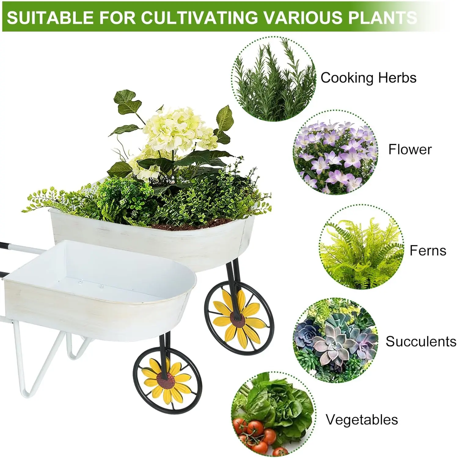 Metal Wheelbarrow Flower Cart Planter, 2 Packs Plant Stands with Triangular Support Handles Non-Rolling Wheel Vintage Wagon
