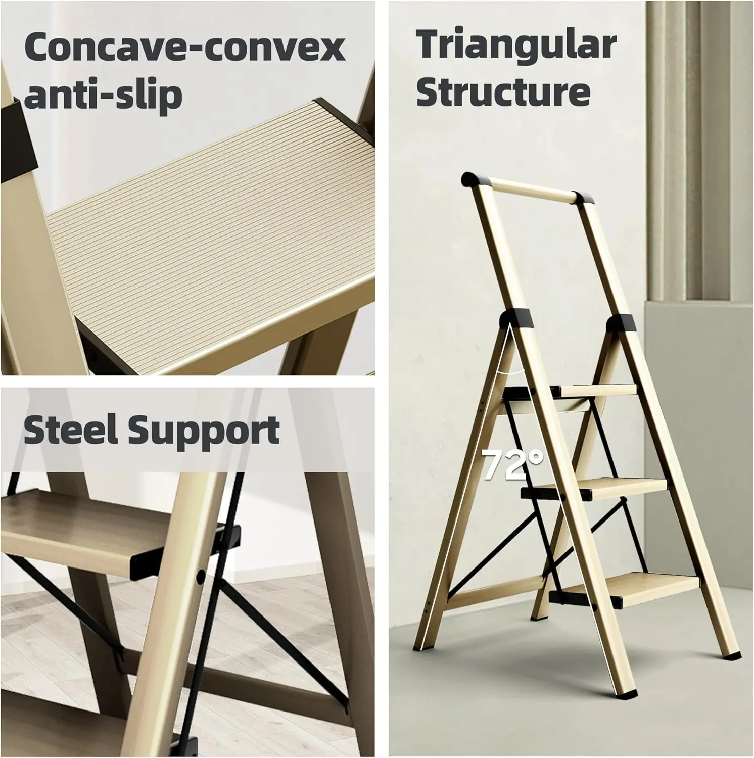3 Step Foldable Aluminum Step Ladder with Handgrip, Anti-Slip Pedal, 330 lbs Capacity, Lightweight & Portable for Home