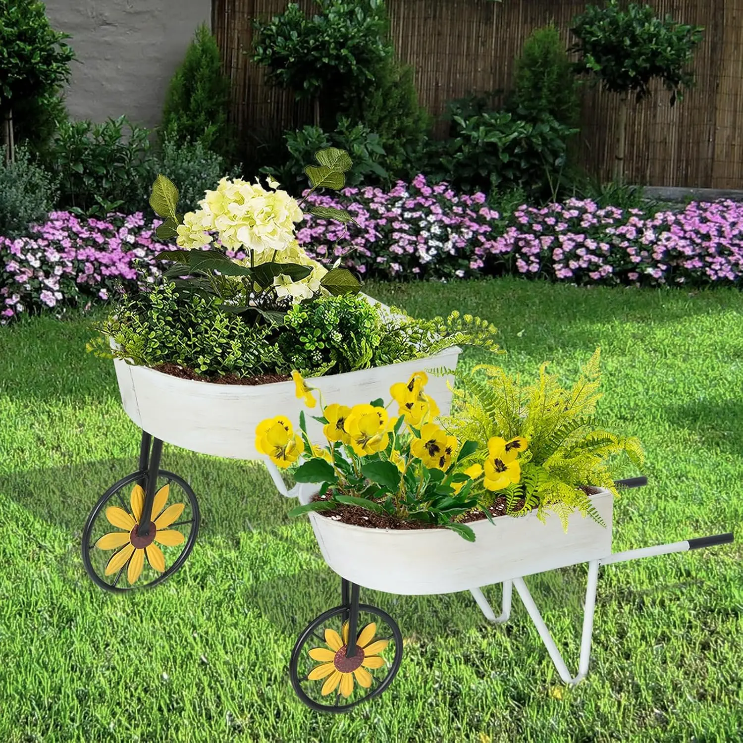 Metal Wheelbarrow Flower Cart Planter, 2 Packs Plant Stands with Triangular Support Handles Non-Rolling Wheel Vintage Wagon