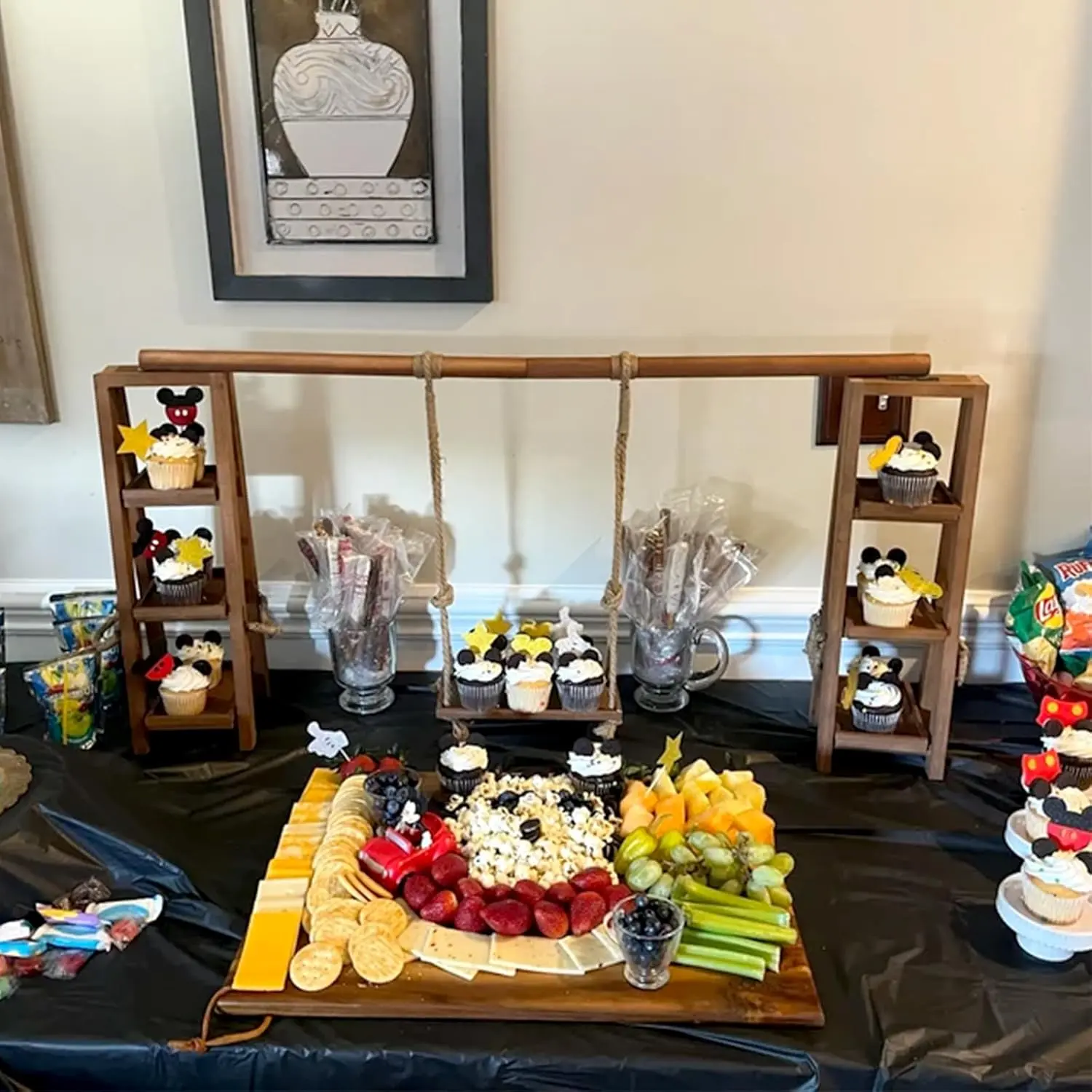 3 Tier Cupcake Stand - Wooden Display Stand for Desserts, Fruits, Nuts, Cheese - Removable Trays and Foldable Stand - Perfect