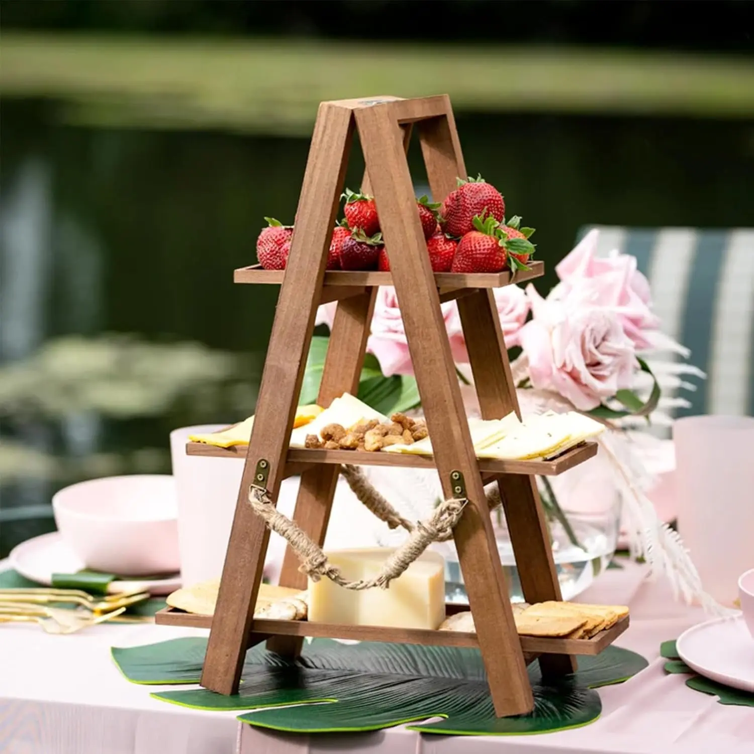3 Tier Cupcake Stand - Wooden Display Stand for Desserts, Fruits, Nuts, Cheese - Removable Trays and Foldable Stand - Perfect