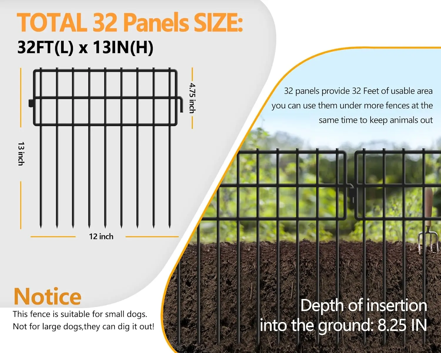 32 Panels Animal Barrier Fence No Dig, 32ft(L) X 13in(H) 1.2in Gap Rabbit Fences Ground Defense Border Small Metal Fencing