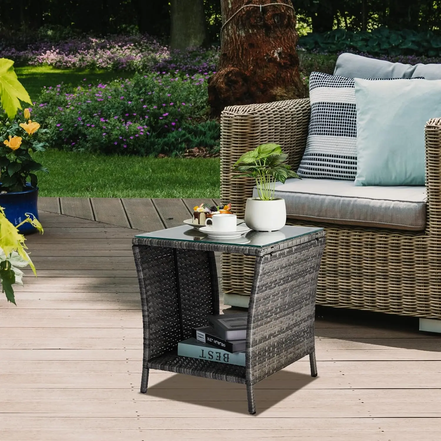 Outdoor Wicker Side Table Patio Side Tables for Outside, Tempered Glass Top Wicker Table with Storage End Table