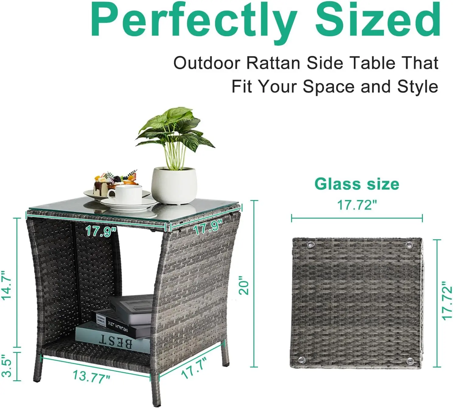 Outdoor Wicker Side Table Patio Side Tables for Outside, Tempered Glass Top Wicker Table with Storage End Table