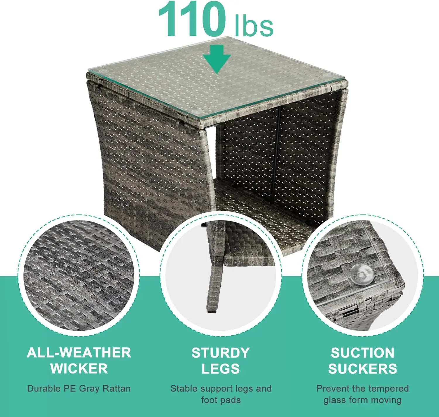 Outdoor Wicker Side Table Patio Side Tables for Outside, Tempered Glass Top Wicker Table with Storage End Table