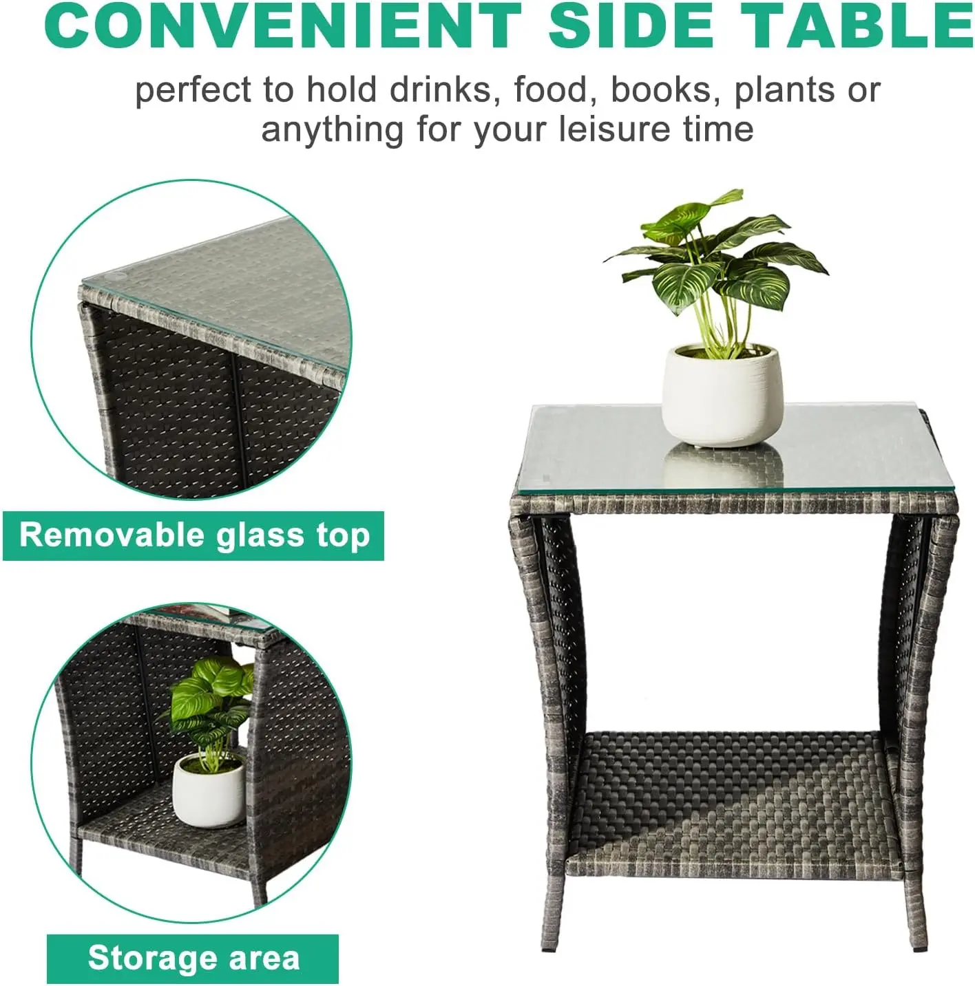 Outdoor Wicker Side Table Patio Side Tables for Outside, Tempered Glass Top Wicker Table with Storage End Table