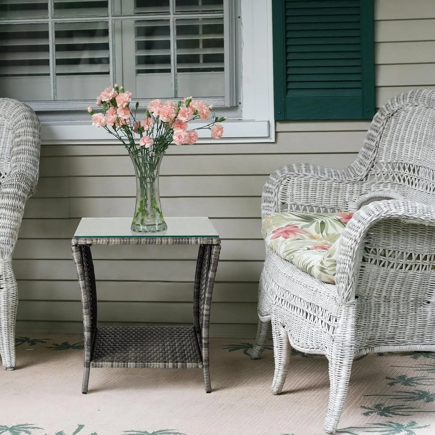Outdoor Wicker Side Table Patio Side Tables for Outside, Tempered Glass Top Wicker Table with Storage End Table