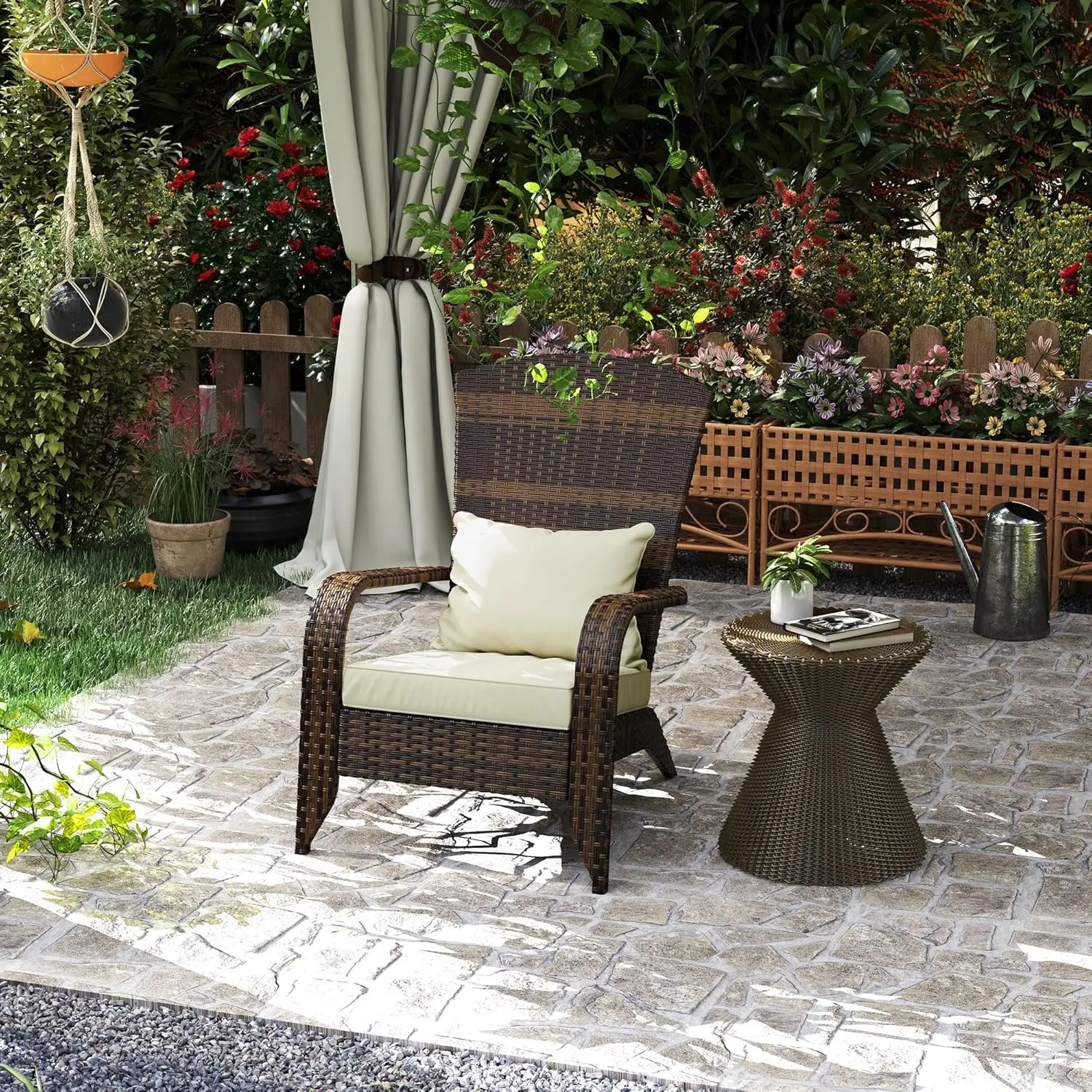 Patio Wicker Adirondack Chair, Outdoor All-Weather Rattan Fire Pit Chair with Soft Cushions,Tall Curved Backrest and Comfortable