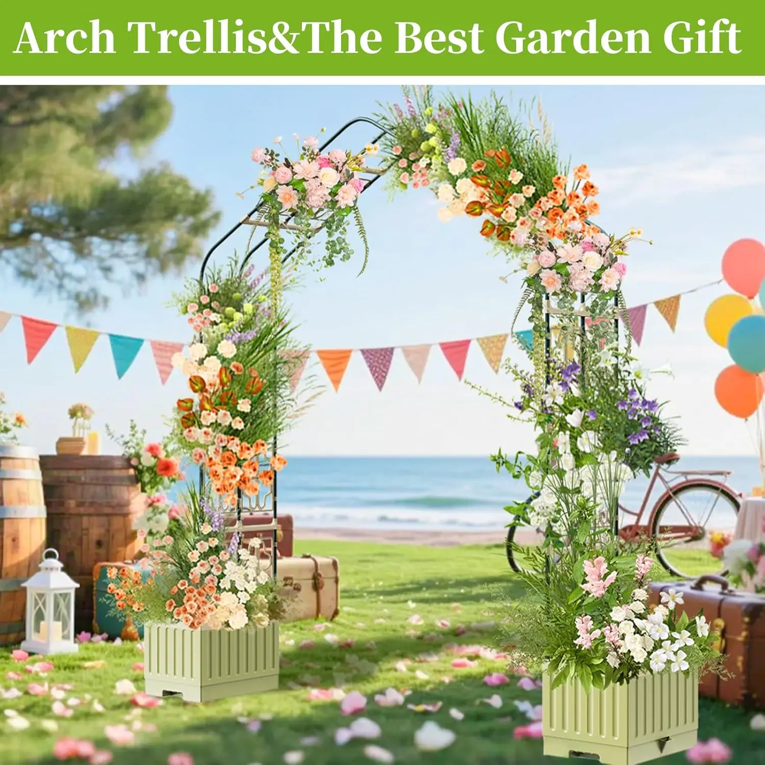 82.7x72.5 Inch Multifunctional Planter Boxes Outdoor with Arch Trellis，2Pcs Planter Boxes with Self Watering