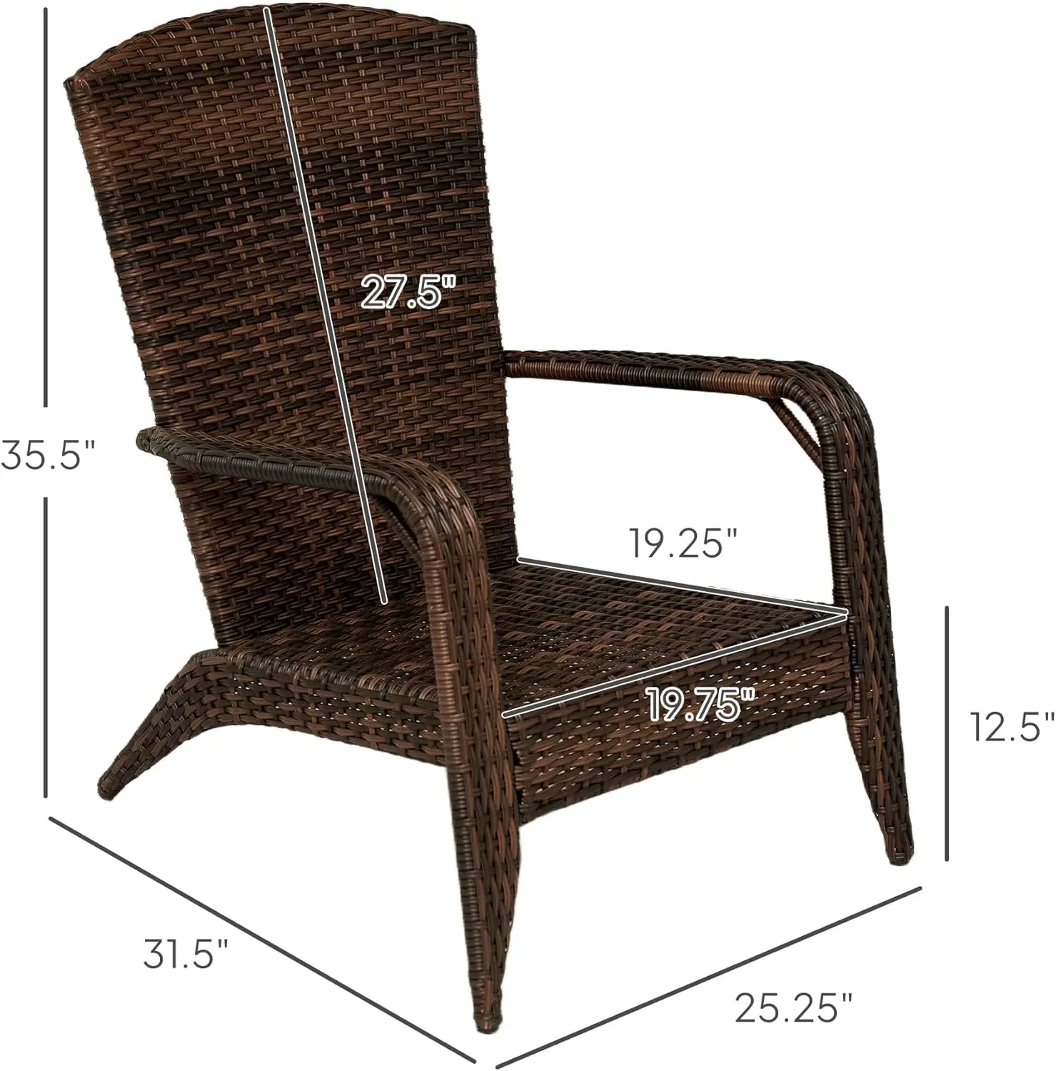 Patio Wicker Adirondack Chair, Outdoor All-Weather Rattan Fire Pit Chair with Soft Cushions,Tall Curved Backrest and Comfortable