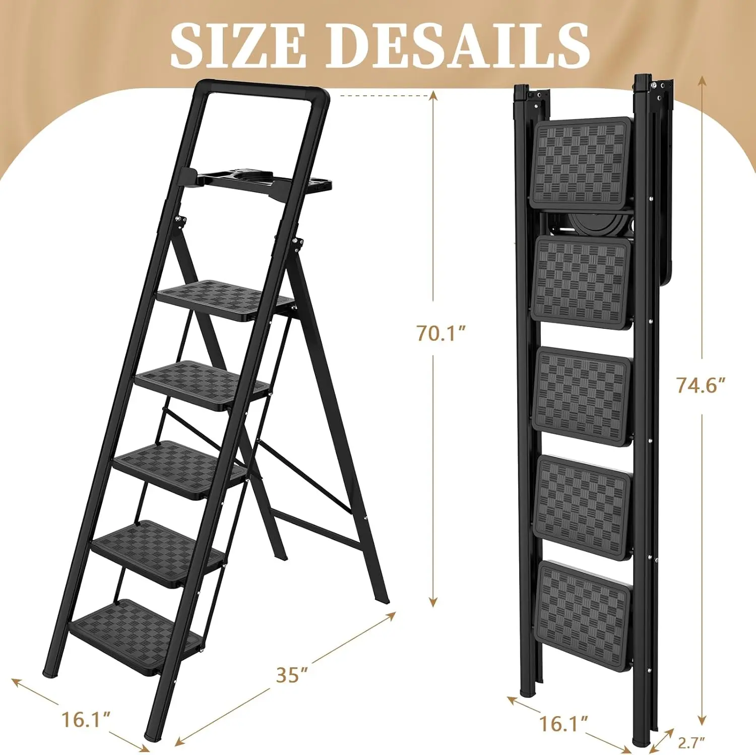 5 Step Ladder, Folding Step Stool, Portable Sturdy Steel for Adults with Wide Pedals Home Outdoor Kitchen, Black