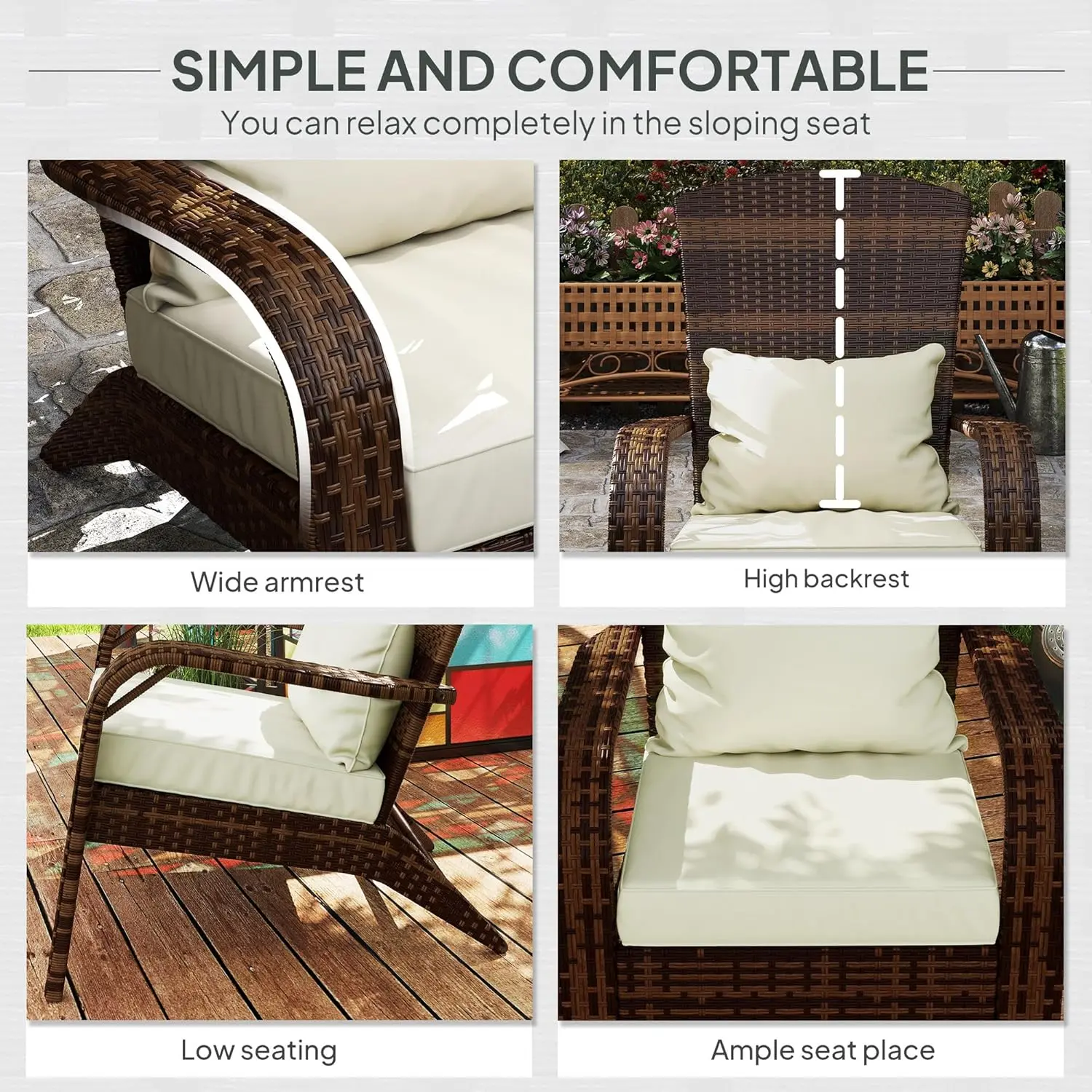 Patio Wicker Adirondack Chair, Outdoor All-Weather Rattan Fire Pit Chair with Soft Cushions,Tall Curved Backrest and Comfortable