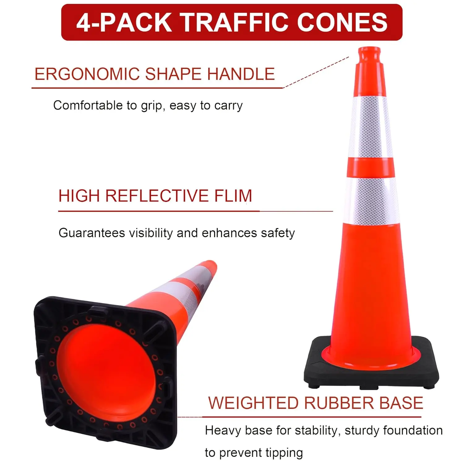4 Pack 28" Orange Traffic Cones, PVC Parking Construction Safety Cones w/Reflective Collars Heavy Duty Rubber Base